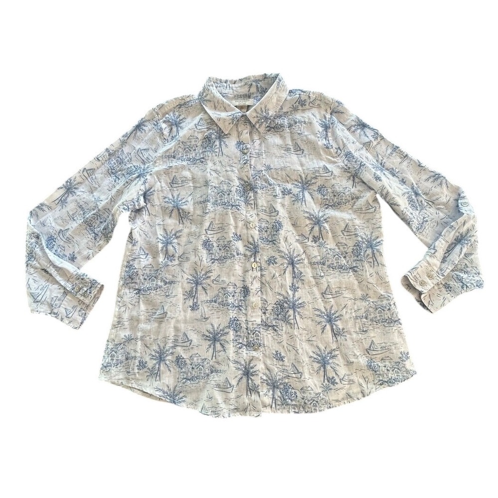 Martha Stewart Collection Womens Linen Palm Tree Coastal Scene Button Up Shirt L